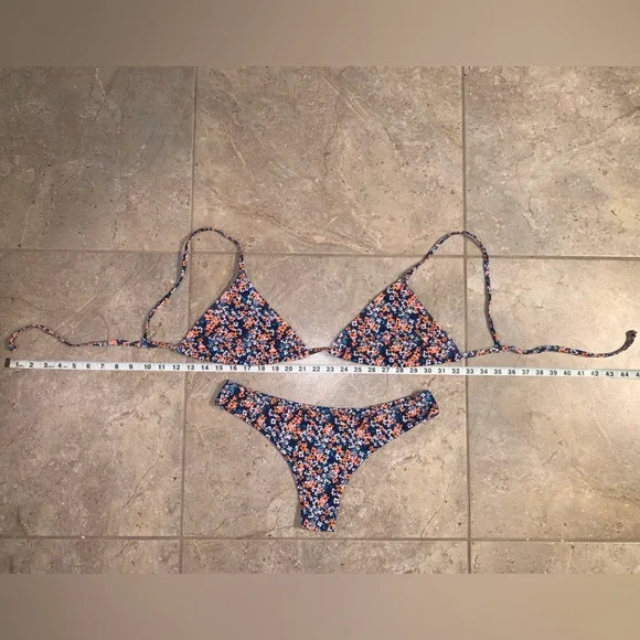 Shein Blue Orange Floral String Triangle Top Cheeky Bikini Set - Size Medium - Picture 8 of 8